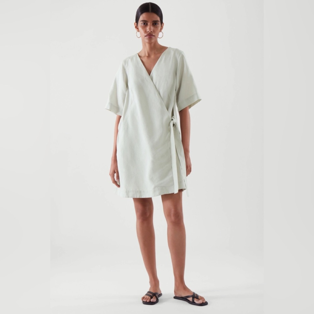 COS MINI WRAP DRESS IN DUSTY LIGHT GREEN - Picture 2 of 15